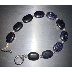 Genuine Oval Blue Goldstone Silver Bracelet — 7”